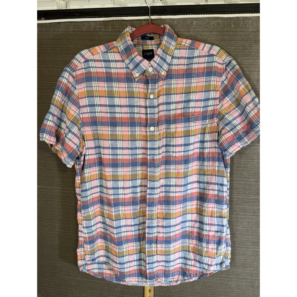 J.Crew Men's Slim Fit Linen Cotton Plaid Short Sleeve Shirt M Coastal Summer
